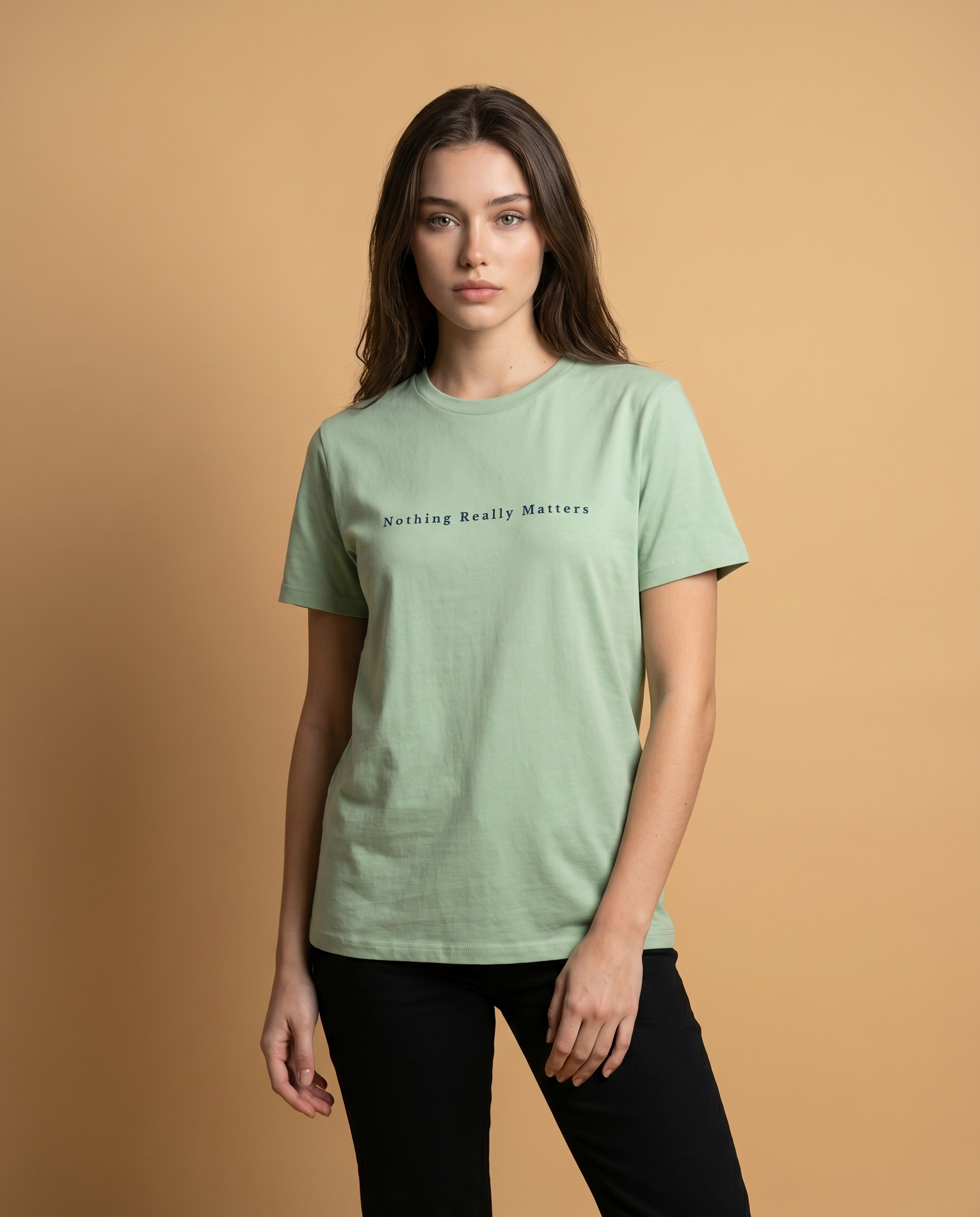 Unisex crewneck tee by aurulu with "Nothing Really Matters But This Moment" print on soft fabric, casual style.