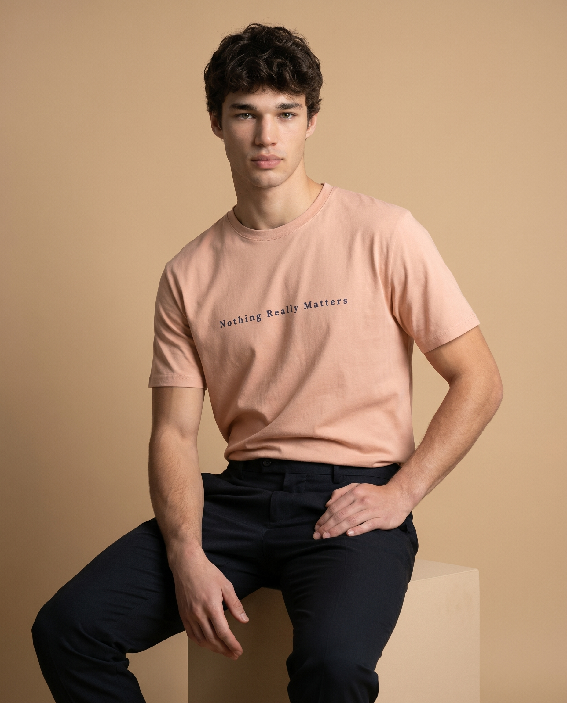 Unisex crewneck tee by aurulu with printed design, featuring the phrase "Nothing Really Matters But This Moment" on soft fabric.