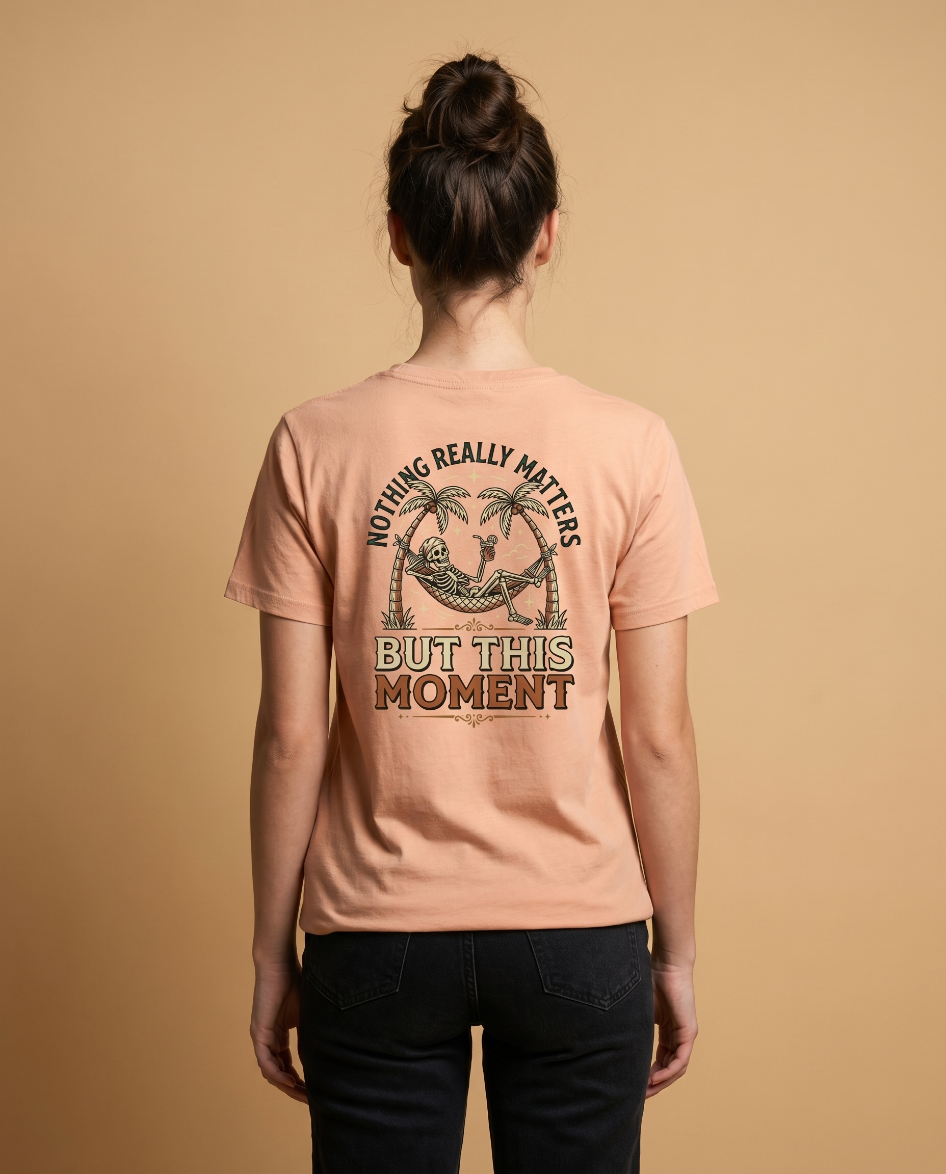 Unisex crewneck tee by aurulu with printed "Nothing Really Matters But This Moment" phrase on soft fabric.