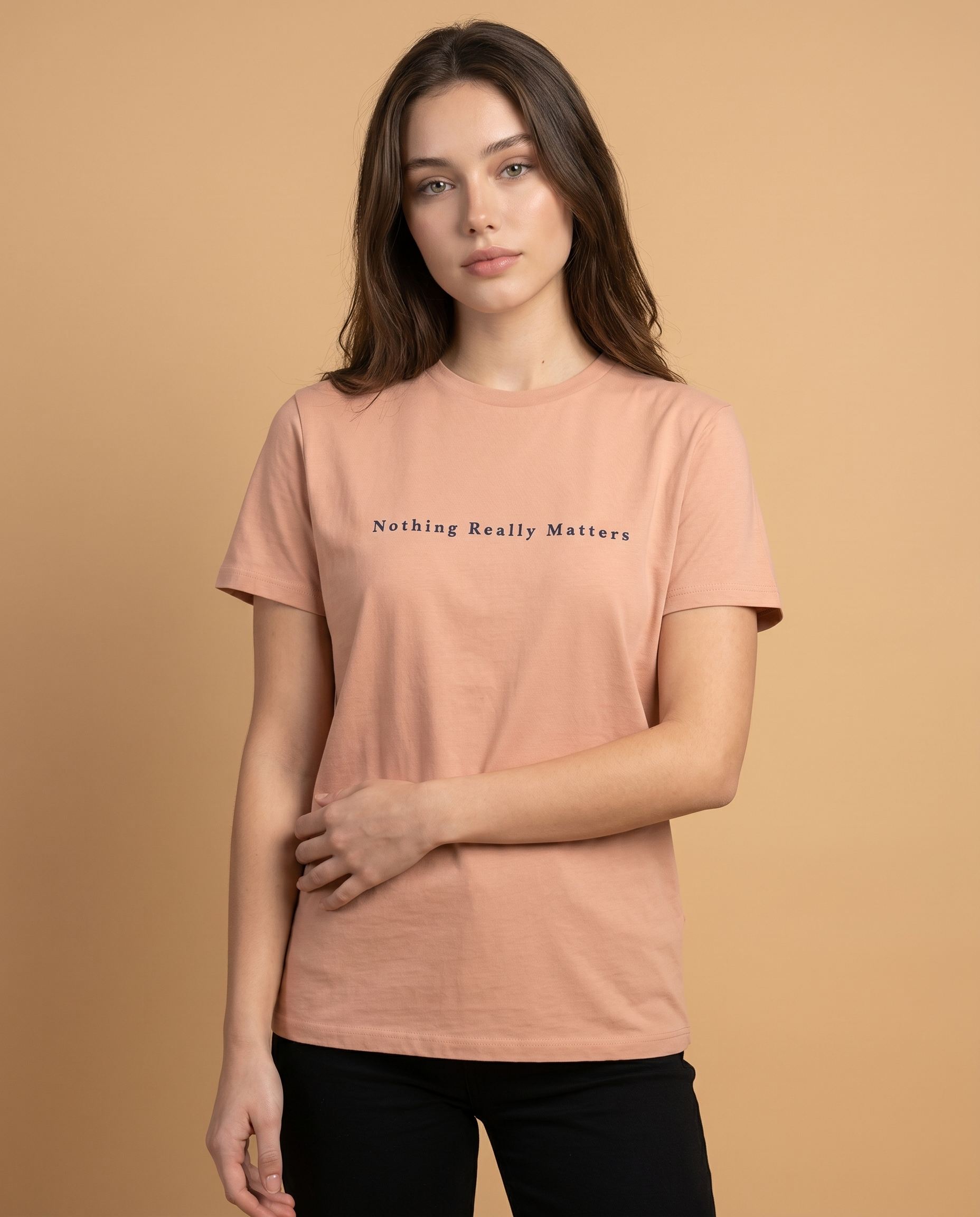 Unisex crewneck tee by aurulu with a printed design, showcasing the "Nothing Really Matters But This Moment" message on the front.
