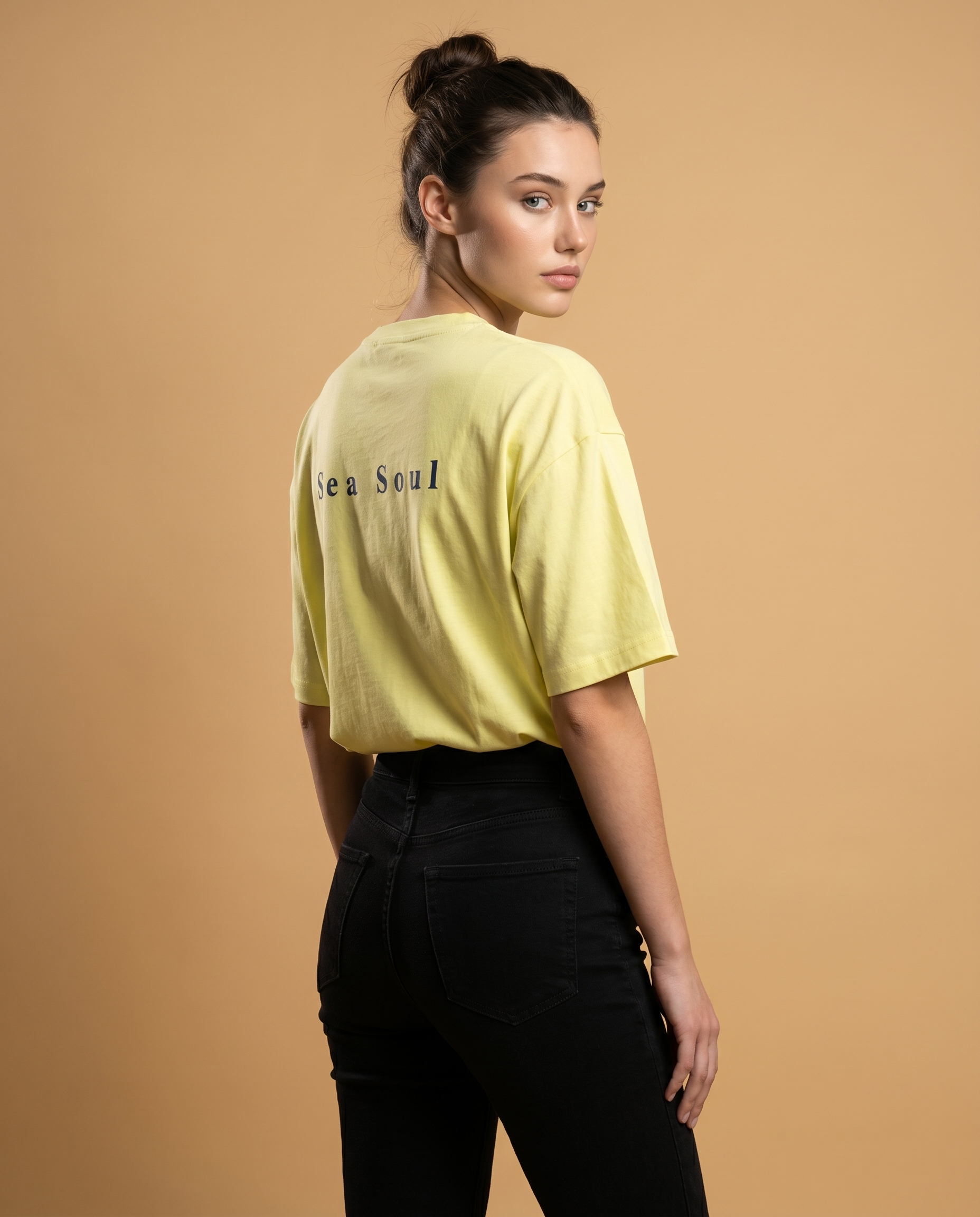 Sea Soul women's oversized tee with vibrant print by aurulu, showing the relaxed fit and colorful design on soft fabric.