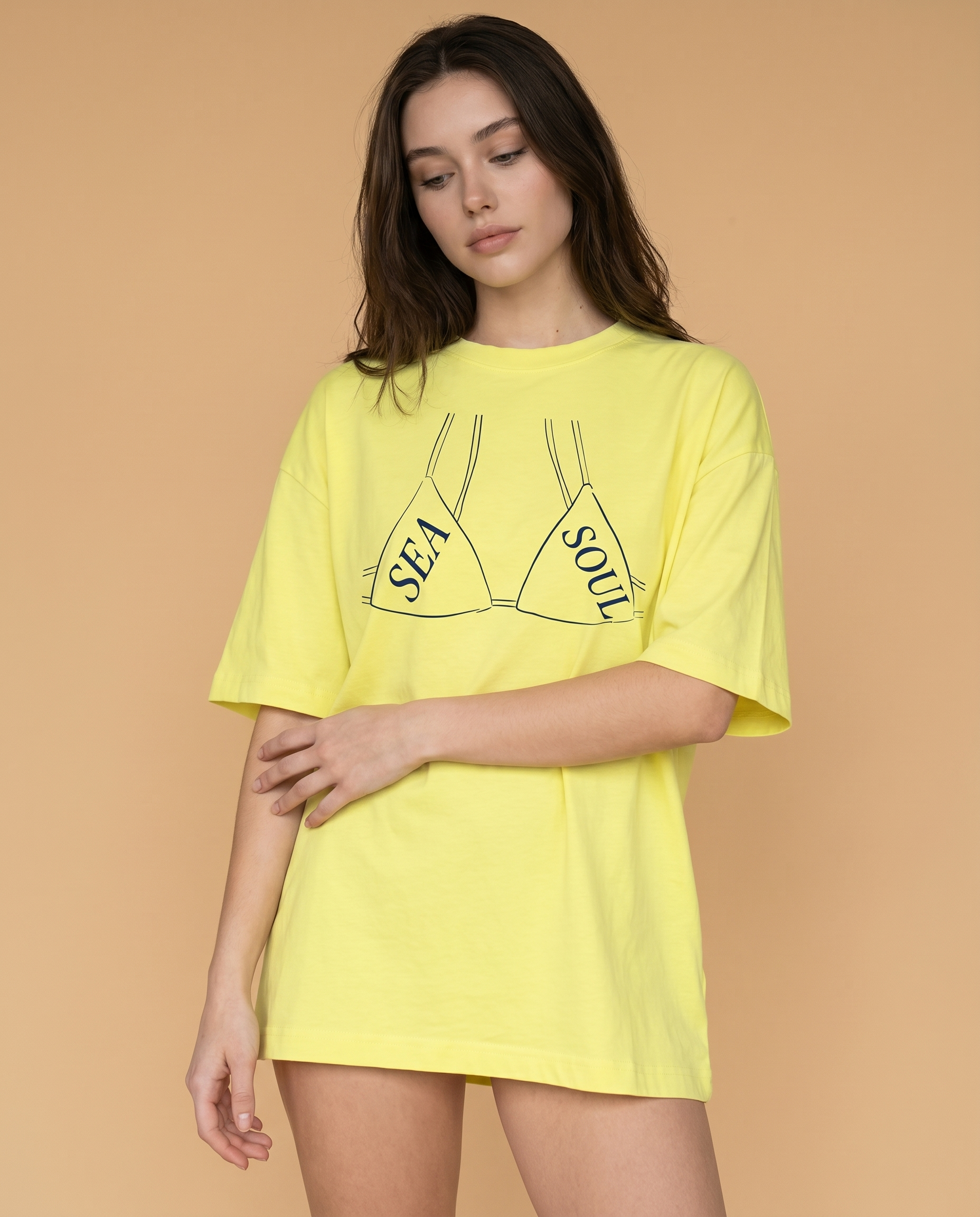 Sea Soul women's oversized print tee by Aurulu featuring colorful graphic design on soft fabric.