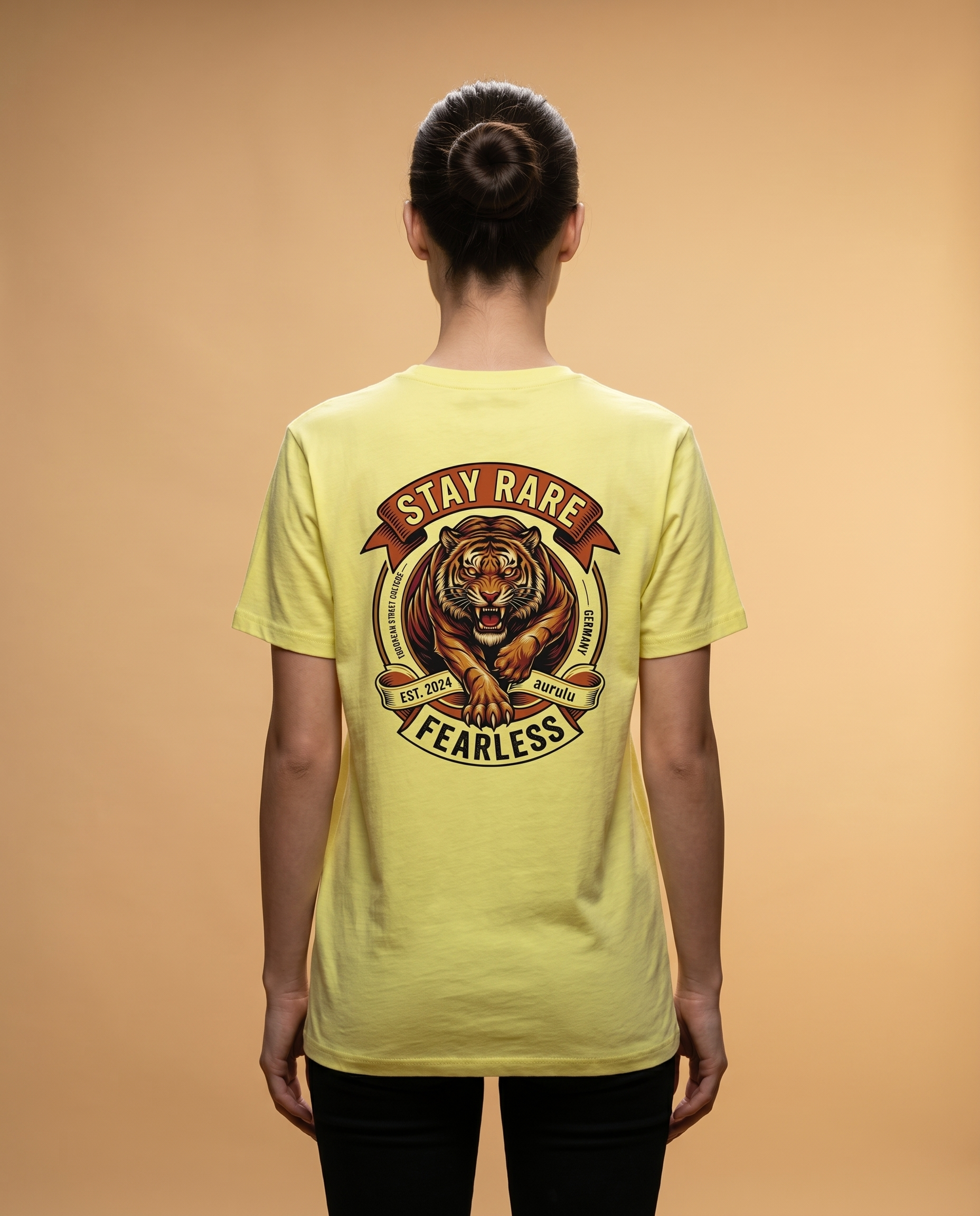 Unisex Stay Rare Fearless crewneck tee by aurulu with bold print design on soft fabric, shown in a close-up view.
