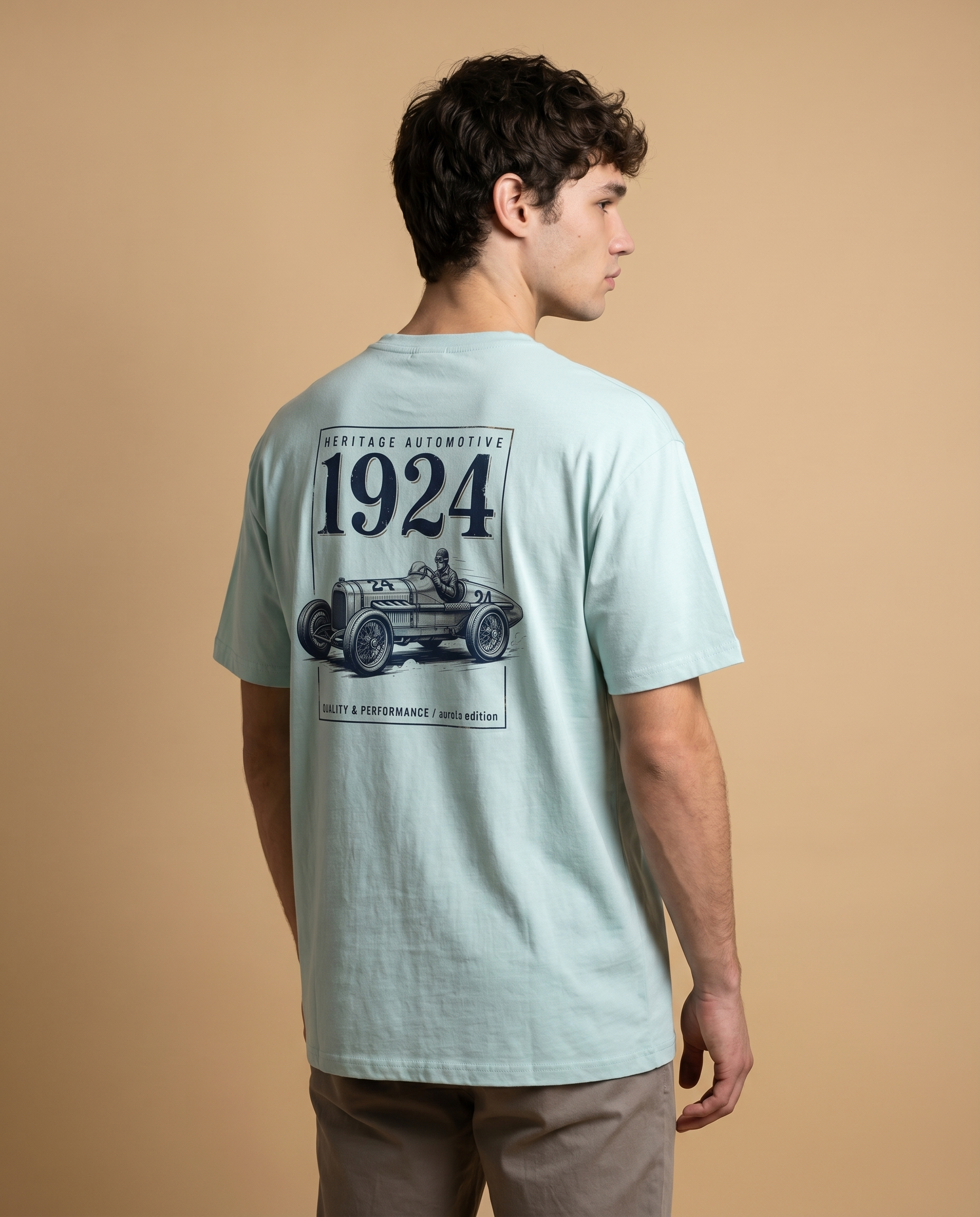 Heritage Automotive 1924 men's crewneck tee with printed design, made by aurulu, featuring vintage automotive graphics.