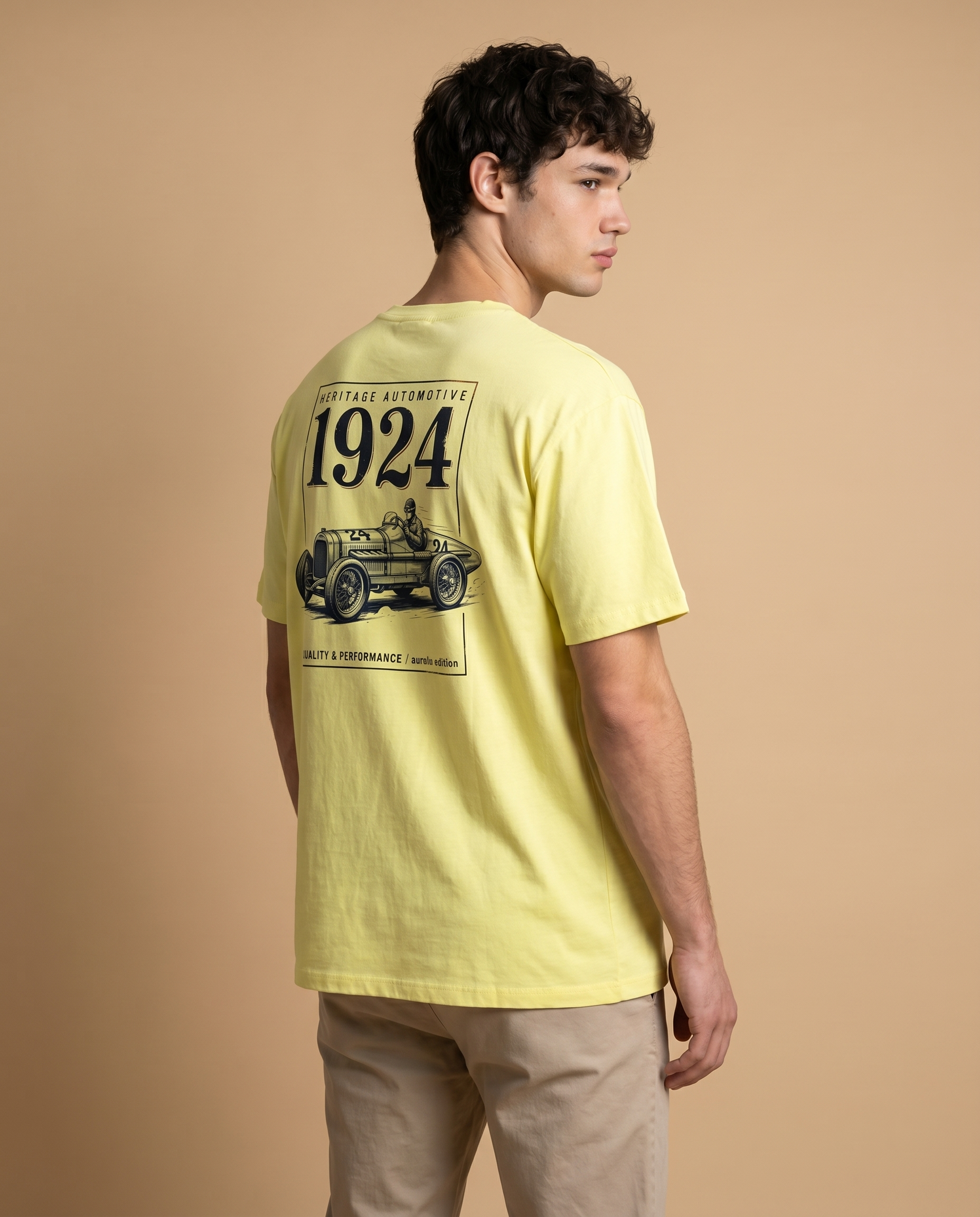 Heritage Automotive 1924 men's crewneck tee with printed design, in black, from aurulu.