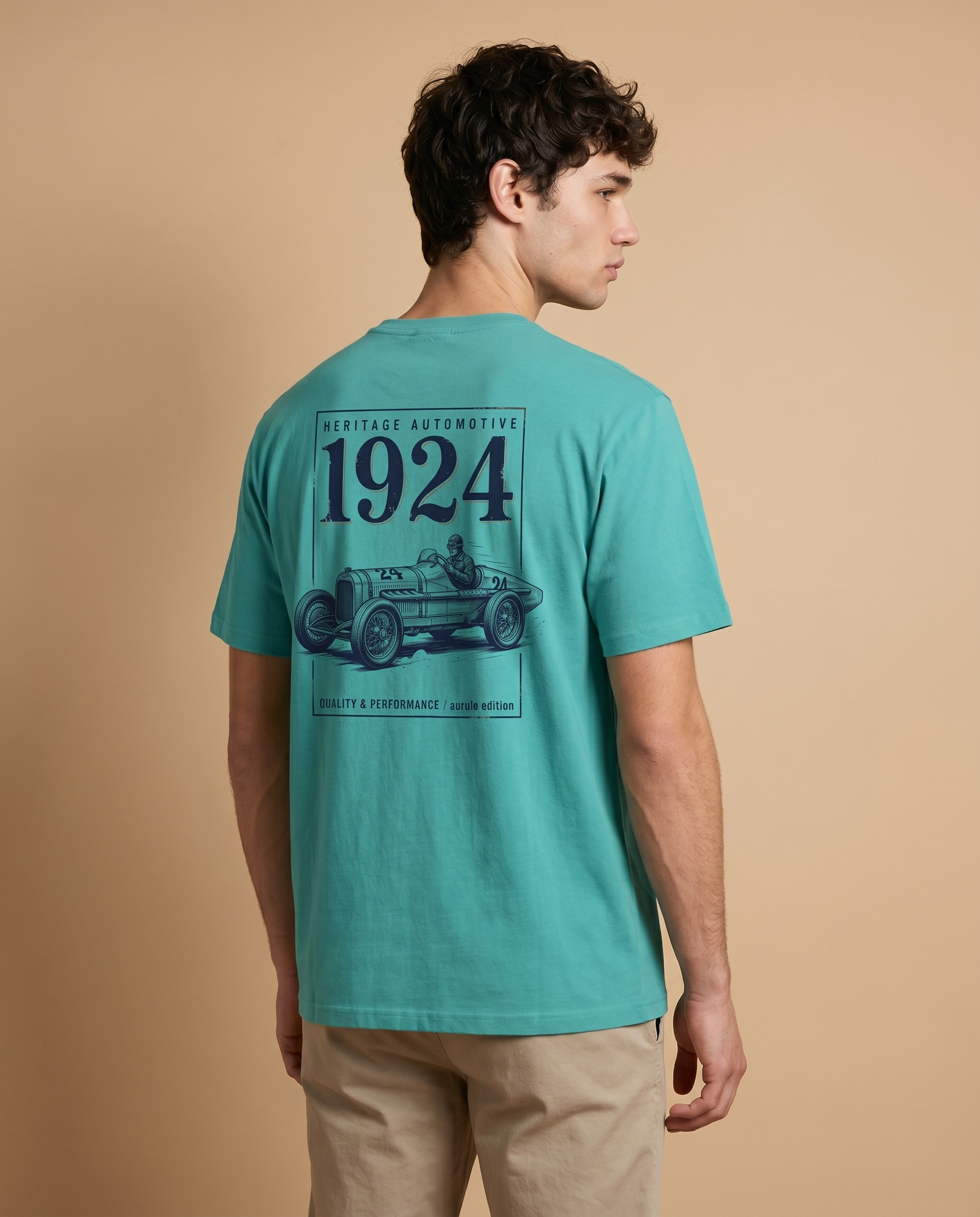 Heritage Automotive 1924 men's crewneck T-shirt with printed design, featuring the aurulu brand logo on soft fabric.