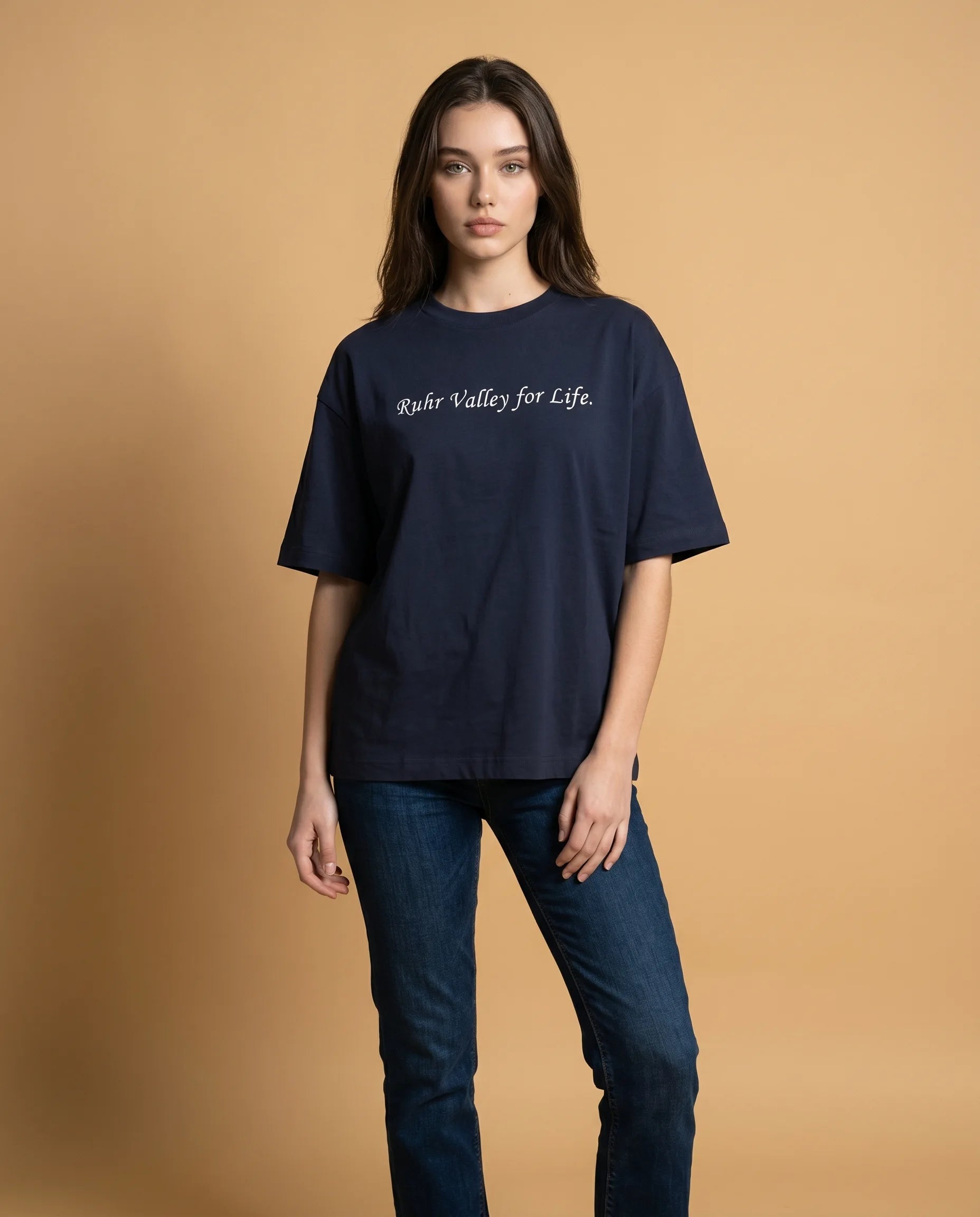 Organic cotton graphic T-shirt for women featuring Ruhr Valley for Life print by aurulu, oversized fit and casual style.